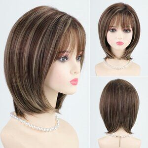 RENERSHOW Ombre Brown with Blonde Highlights Layered Bob Wig with Bangs